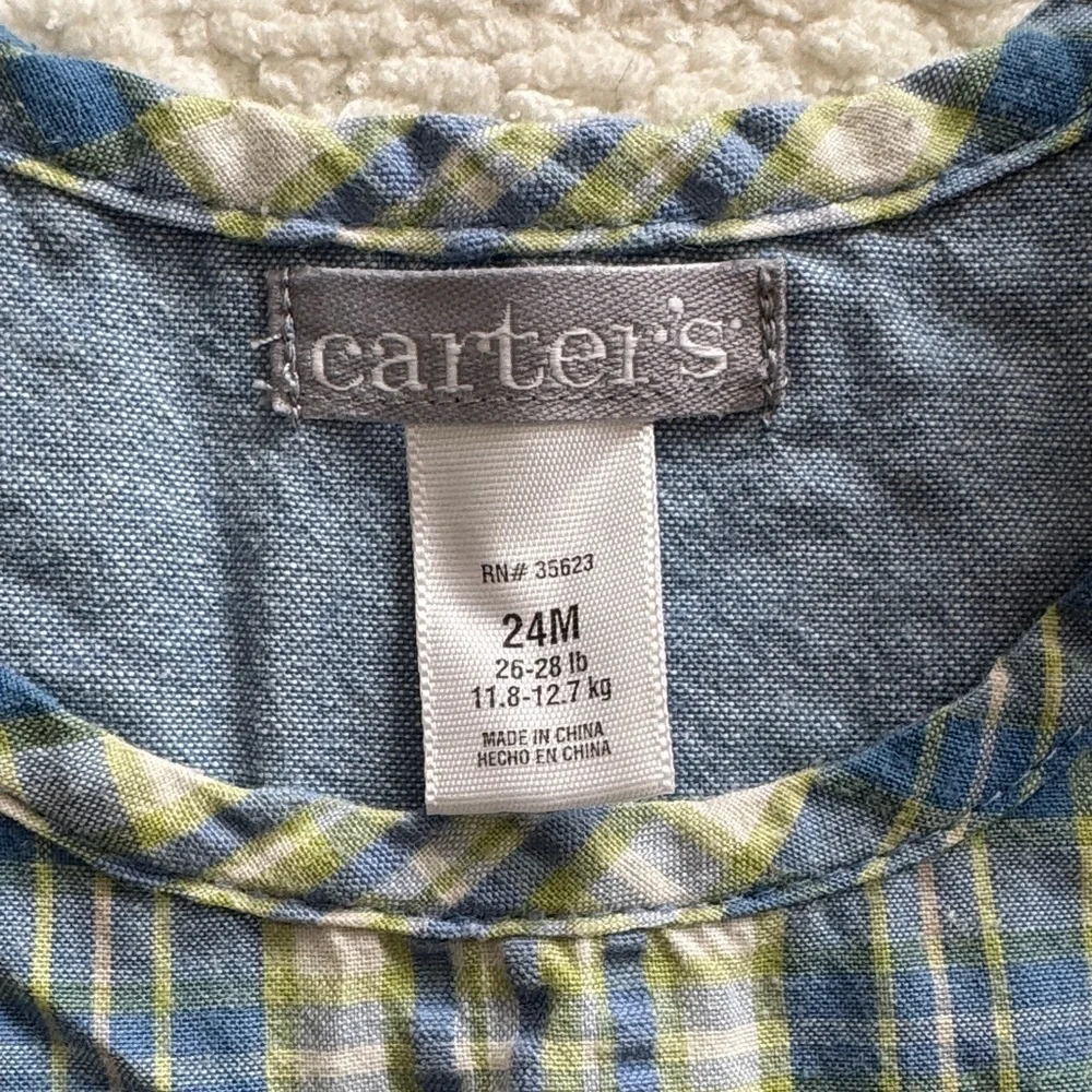 Vintage Carter's Blue and Green Plaid Elephant Romper Sz 24M